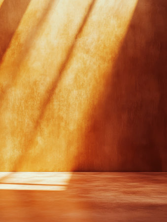 Soft golden rays of sunlight filter through the room, casting long shadows on warm orange walls and a smooth floor. The tranquil ambiance invites relaxation and reflection.の素材