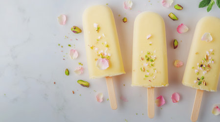 Three creamy popsicles adorned with crushed pistachios and delicate rose petals rest on a light surface. The setting evokes a summer vibe, inviting indulgence.の素材