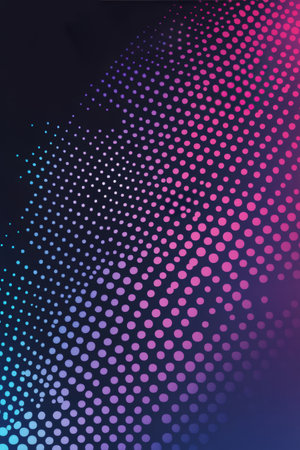 Bright dots in various shades of blue, purple, and pink form an abstract gradient pattern on a dark background. The design showcases modern artistic flair suitable for digital projects.の素材