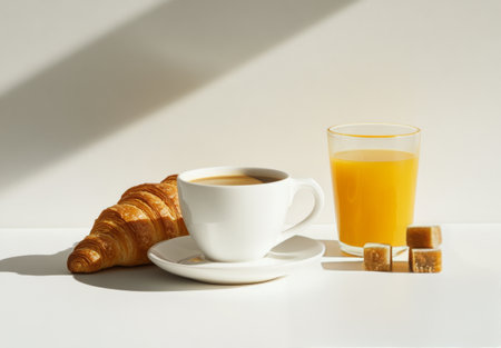 A steaming cup of coffee sits beside a flaky croissant and a glass of orange juice on a sunlit table. The soft colors and inviting setup create a perfect morning atmosphere.の素材