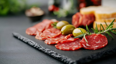 A beautifully arranged platter features thinly sliced cured meats, green olives, and sprigs of rosemary. This casual dining setting is perfect for sharing with friends or family.の素材