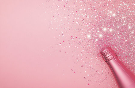 A black champagne bottle with a metallic top rests on a soft pink surface, surrounded by scattered silver star shaped confetti, creating a festive atmosphere for a celebration.の素材