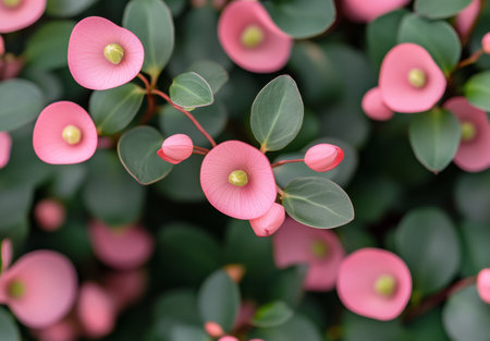 Vibrant pink flowers are showcased against a backdrop of lush green leaves, capturing the essence of spring in a peaceful garden. The delicate petals add charm to the natural scenery.の素材
