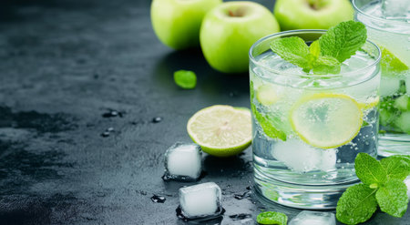 A glass filled with ice and a mint leaf sits on a stone surface. Nearby, a sliced lime and a whole green apple add vibrant color to the composition against a dark background.の素材