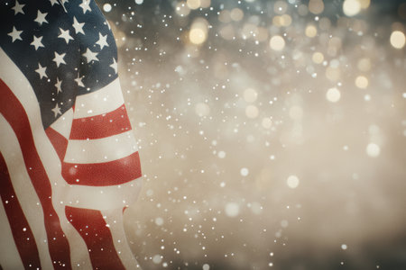 An American flag flutters gently in the winter breeze with delicate snowflakes falling softly around it. The scene captures a serene and patriotic atmosphere during festive celebrations.の素材