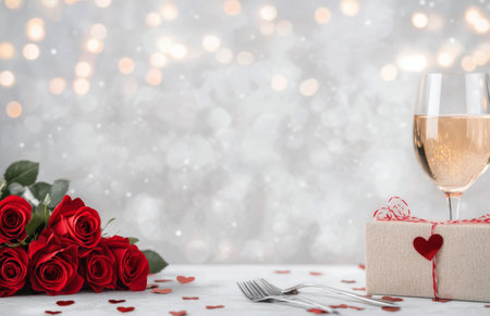 A beautifully arranged table features red roses, two wine glasses filled with red wine, and a gift box wrapped with ribbon. Heart shaped decorations and a soft background create a romantic atmosphere.の素材