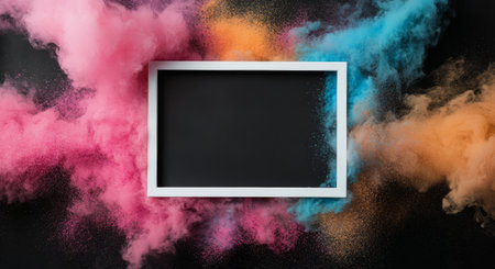 A captivating display of swirling pink and blue smoke envelops a white rectangular frame, adding depth and intrigue to the composition. The scene exudes creativity and energy.の素材