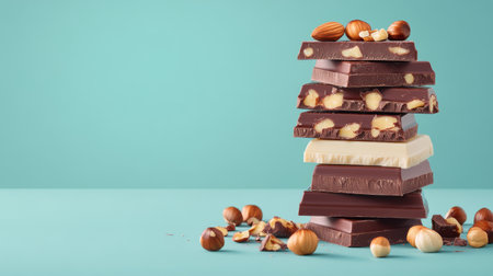 A variety of chocolate bars stacked neatly on a teal countertop. Chunks are complemented by scattered nuts, showing rich textures and colors under natural light.の素材