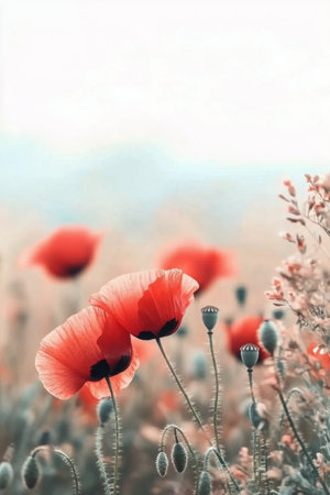 A vibrant field filled with blooming red poppies sways gently in the warm afternoon breeze. The sunlight casts a soft glow on the flowers, enhancing their vivid colors.の素材