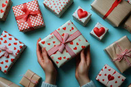 Presents adorned with heart patterns and ribbons are arranged on a blue surface, creating a festive atmosphere. Two hands hold a gift, suggesting anticipation for a special occasion.の素材