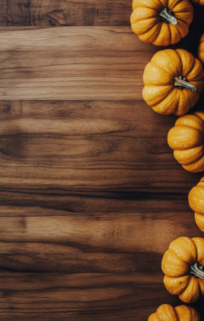 A collection of vibrant orange pumpkins is neatly arranged on a dark wooden table. The warm colors of autumn are highlighted, creating a cozy seasonal atmosphere perfect for fall.の素材