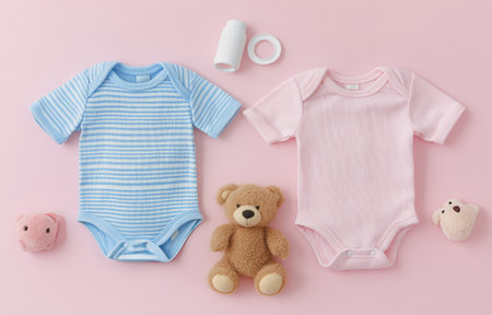 Two adorable striped baby onesies in blue and pink are placed beside plush teddy bears on a soft pink background, creating a charming and playful environment for a nursery.の素材