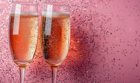 Two elegant champagne flutes filled with sparkling drink stand on a pink surface, surrounded by colorful confetti, perfect for a celebration or special occasion.の素材