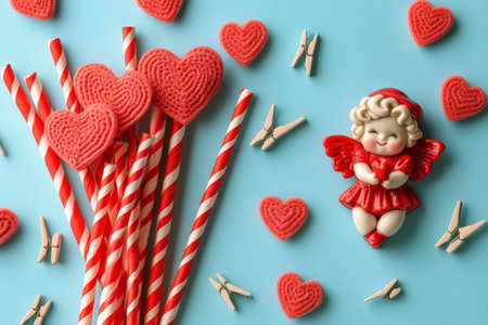 A bright blue surface is adorned with various red and pink heart shapes, candy canes, small gift boxes, and a charming angel figure, creating a festive atmosphere for Valentines Day.の素材