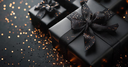Black gift boxes with decorative bows are arranged artistically on a dark surface, surrounded by shimmering glitter, creating a festive and elegant atmosphere perfect for any celebration.の素材