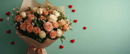 A lovely arrangement of pink and white roses with delicate greenery is placed on a soft teal background, accompanied by tiny red heart-shaped decorations that enhance its romantic appeal.の素材