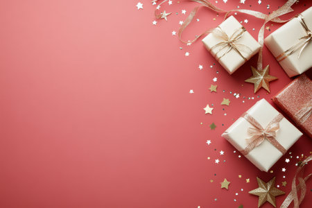 Festively wrapped presents sit on a soft pink surface, surrounded by shimmering stars and ribbons. This setup captures a cheerful holiday atmosphere perfect for celebrations.の素材