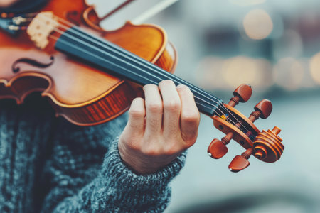 A skilled musician plays the violin while standing in an urban area. The warm colors of sunset create a beautiful backdrop, enhancing the atmosphere of creativity and passion for music.の素材