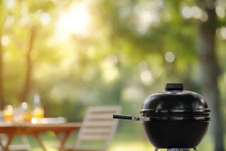 Flames dance on a grill placed near the shore of a serene lake, with trees providing shade. A cozy picnic setup invites friends to enjoy a summer gathering outdoors.の素材