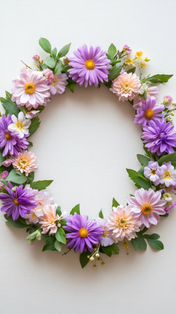 A vibrant collection of purple and white flowers is artistically arranged around a blank space. The composition features a variety of blossoms and green leaves, creating a fresh and inviting look.の素材