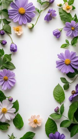 A vibrant collection of purple and white flowers is artistically arranged around a blank space. The composition features a variety of blossoms and green leaves, creating a fresh and inviting look.の素材