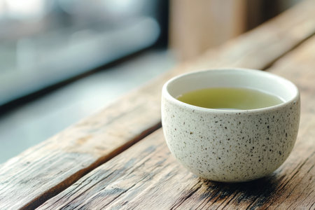 A steaming cup of black coffee sits beside a small potted plant on a light wooden table. The morning light gently illuminates the scene, creating a cozy atmosphere ideal for relaxation.の素材