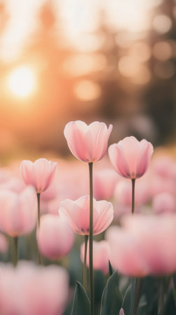 Delicate pink tulips stand tall in a vibrant garden, basking in golden sunlight. The surrounding blooms create a picturesque spring atmosphere filled with color and warmth.の素材