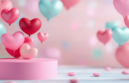 Soft pink hearts hover in the air, creating a whimsical and romantic atmosphere. A single larger heart sits on a circular base, adding to the enchanting display of love.の素材