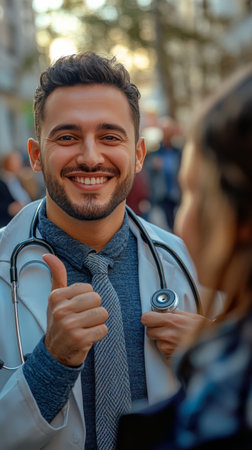A doctor in a blue business suit is smiling and giving a thumbs up while holding a stethoscope in a lively urban setting. Busy streets and blurred figures reflect the citys energy.の素材