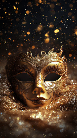 An ornate golden mask lies partially submerged in shimmering gold dust, reflecting light in a dark setting. The mask symbolizes mystery and elegance, perfect for a festive atmosphere.の素材