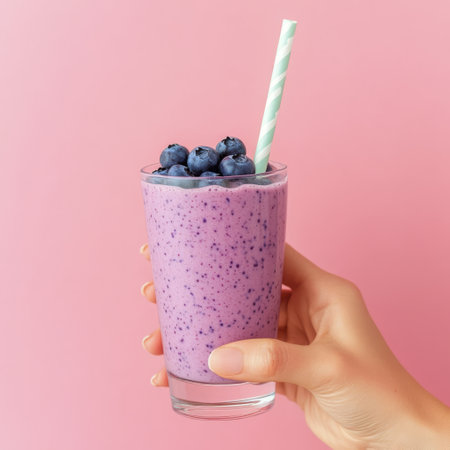 A hand holds a tall glass filled with a creamy blueberry smoothie topped with fresh blueberries and a striped straw. The vibrant pink backdrop enhances the colorful drink.の素材