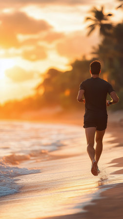 A man runs on a sandy beach as the sun sets, casting golden light over the water. Waves gently lap at his feet, creating a serene atmosphere for evening exercise.の素材