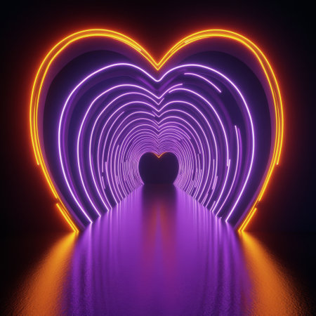 A vibrant tunnel lined with neon lights in heart shapes invites exploration. Purple and orange hues illuminate the path leading into a warm, welcoming space ideal for photos and gatherings.の素材