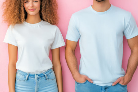 A man and woman stand side by side, wearing casual t shirts and light denim shorts, showing their outfits against a vibrant pink wall. The woman has curly hair and a confident expression.の素材
