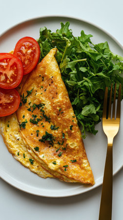 A plate features a golden omelet garnished with green herbs alongside slices of ripe tomatoes and fresh arugula. This dish is perfect for a healthy breakfast or brunch.の素材