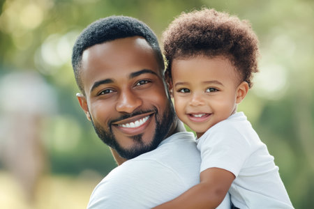 A man embraces his young child in a warm, caring manner, smiling as they enjoy a sunny day. The background shows hints of nature and a community setting, adding to the moments of warmth.の素材
