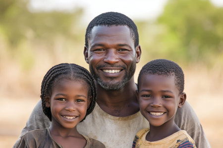 A father poses with his two children, a boy and a girl, both smiling happily. The backdrop shows a lush green oceanfront revealing a beautiful day filled with joy.の素材