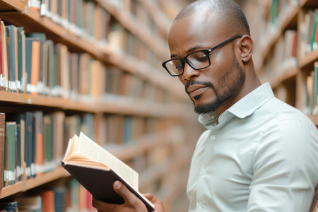 A young man with glasses is engaged in reading a book in a library. Surrounded by shelves filled with books, he appears focused and thoughtful, exploring the written content.の素材