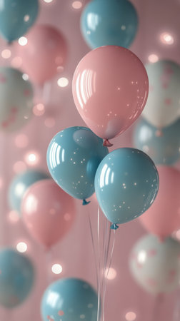 A collection of pastel colored balloons in pink and blue hues rises against a soft pink background. These balloons, some transparent, create a festive atmosphere ideal for celebrations.の素材