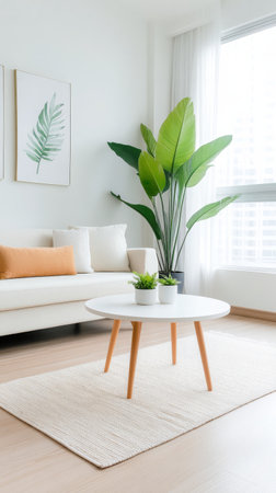A spacious living room bathed in natural light showcases white sofas, a wooden coffee table, and decorative elements.の素材