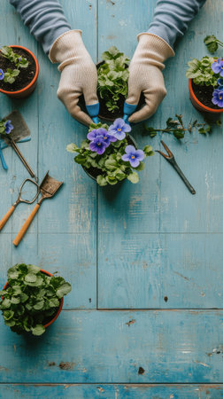 Two hands wearing blue gloves gently plant vibrant purple flowers in a terracotta pot. Surrounding the hands are various gardening tools and additional plants on a blue wooden table.の素材