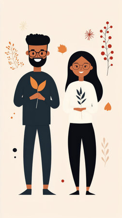 A young couple poses happily in a forest during autumn. They are dressed in cozy attire, showcasing vibrant fall foliage. The woman holds a large maple leaf, emphasizing the season.の素材