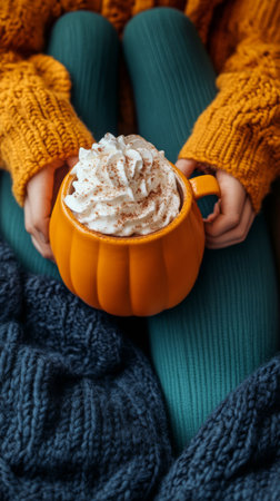 A person wearing a warm, knitted sweater holds a bright orange mug filled with a pumpkin spice drink topped with whipped cream and spices, enjoying a comfortable autumn afternoon.の素材
