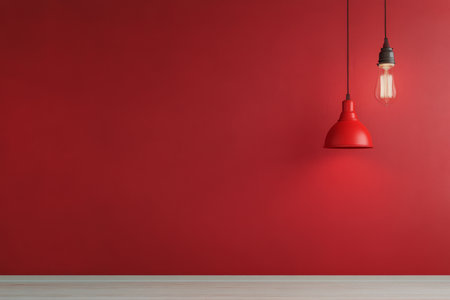 A striking red lantern hangs from the ceiling, casting a warm glow over a smooth red wall, complemented by delicate cherry blossom branches placed nearby, creating a harmonious decor.の素材