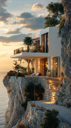A contemporary house rests on a rocky cliff by the ocean. Surrounded by lush plants, the structure features large windows and a balcony, offering stunning views of the sea and sky.の素材