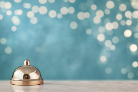 A polished service bell rests on a smooth marbled surface, with a bright blue background featuring soft, sparkling bokeh lights. This creates an inviting atmosphere for guests or customers.の素材