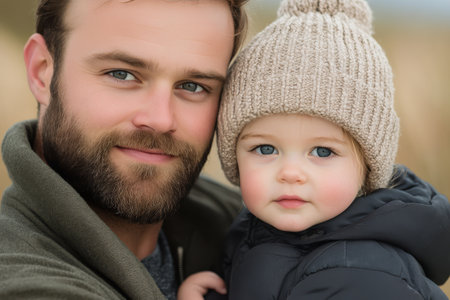 A father embraces his young child, both warmly dressed in knitted hats, while enjoying a cool autumn day in a picturesque outdoor setting filled with soft colors and nature.の素材