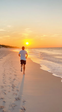 A man runs on a sandy beach as the sun sets, casting golden light over the water. Waves gently lap at his feet, creating a serene atmosphere for evening exercise.の素材