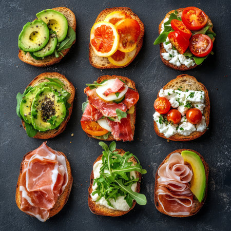 A platter features nine different bruschetta varieties, each topped with fresh ingredients like tomatoes, greens, and cured meats, showing vibrant colors and textures on toasted bread.の素材