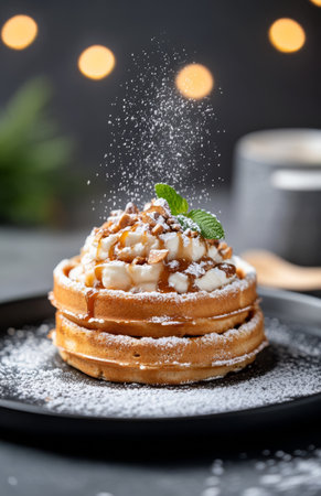 A delectable dessert is presented on a dark plate, layered with cream, topped with almonds and fresh mint. A dusting of powdered sugar adds a sweet touch to this inviting treat.の素材